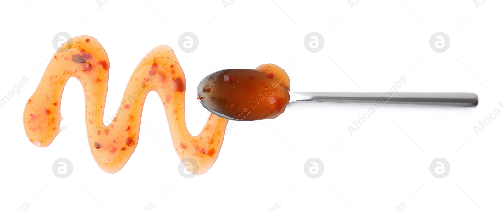 Photo of Spoon with fresh marinade isolated on white, top view