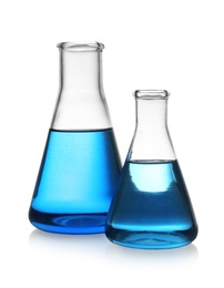 Conical flasks with blue liquid on white background. Laboratory glassware
