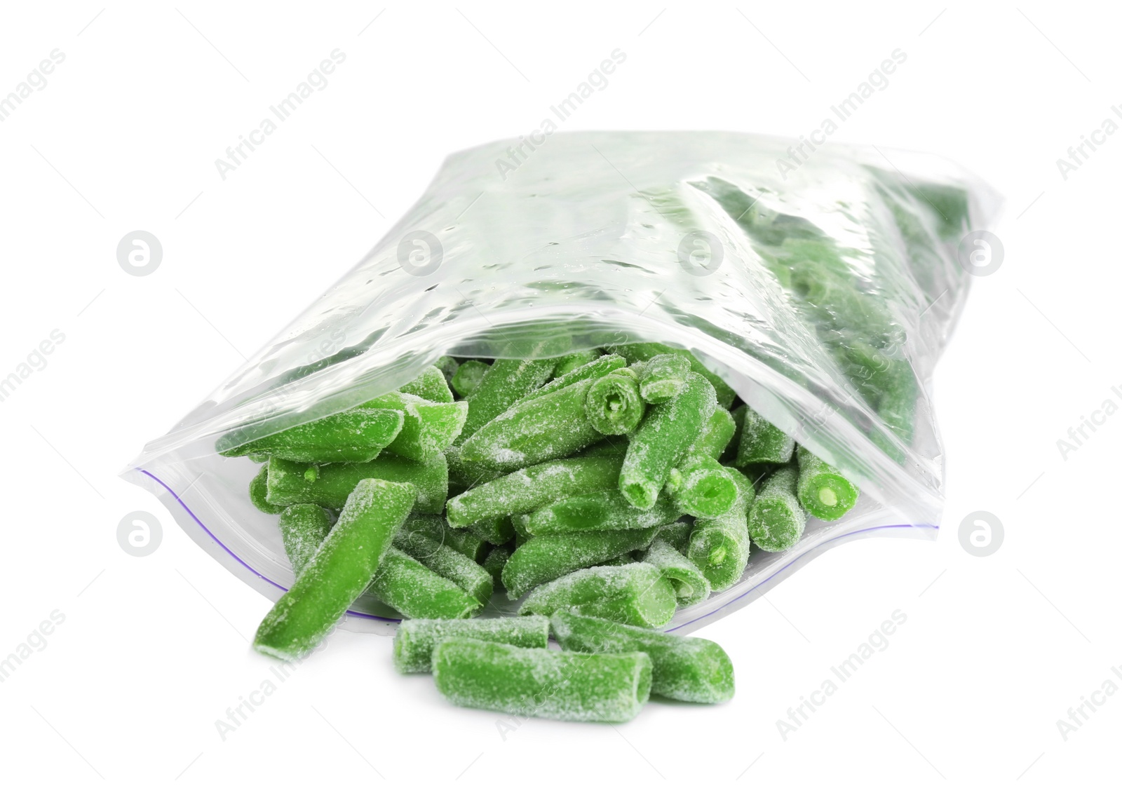 Photo of Frozen green beans in plastic bag isolated on white. Vegetable preservation