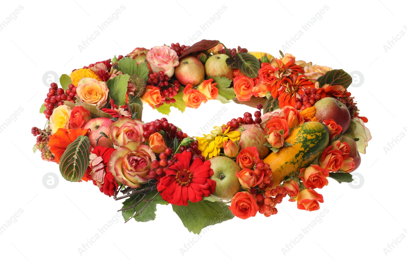 Photo of Beautiful autumnal wreath with flowers, berries and fruits isolated on white