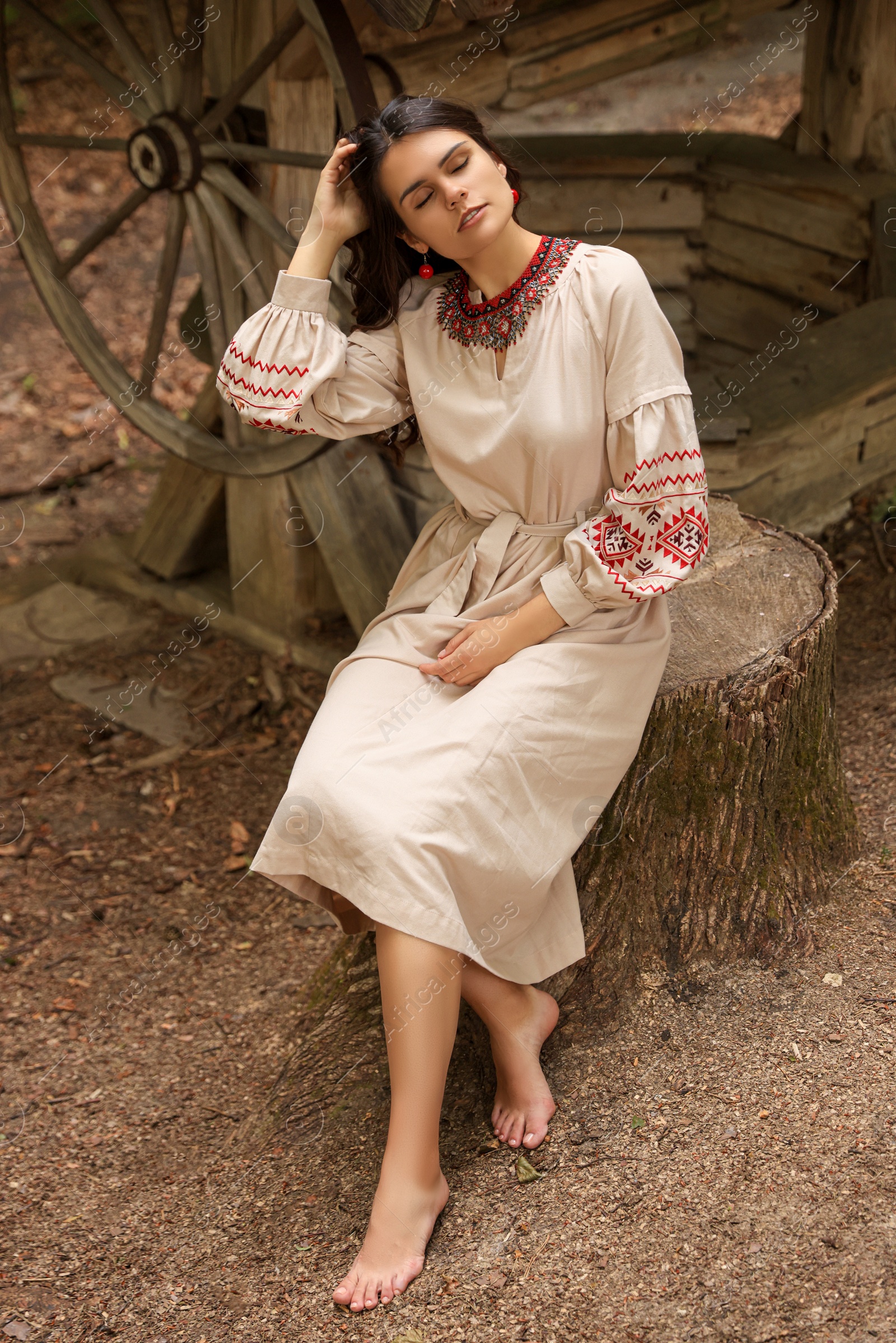 Photo of Beautiful woman wearing embroidered dress sitting near old wooden well in countryside. Ukrainian national clothes