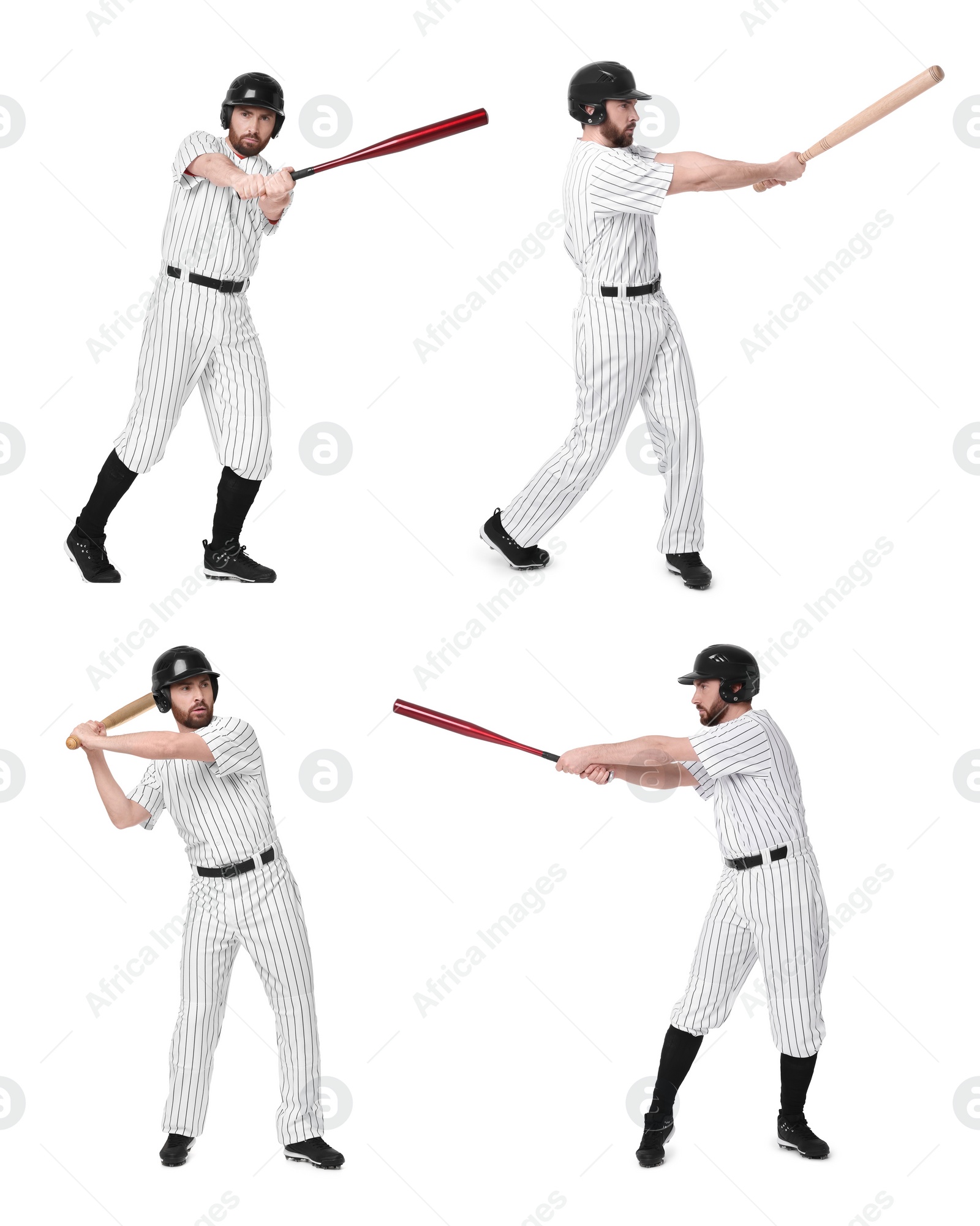 Image of Baseball player with bat on white background, set of photos