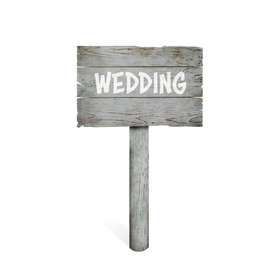 Wooden plaque with inscription Wedding isolated on white 