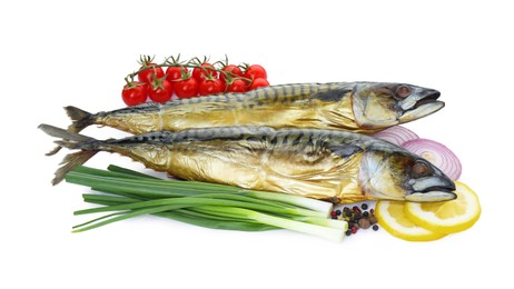 Photo of Delicious smoked mackerels and products on white background