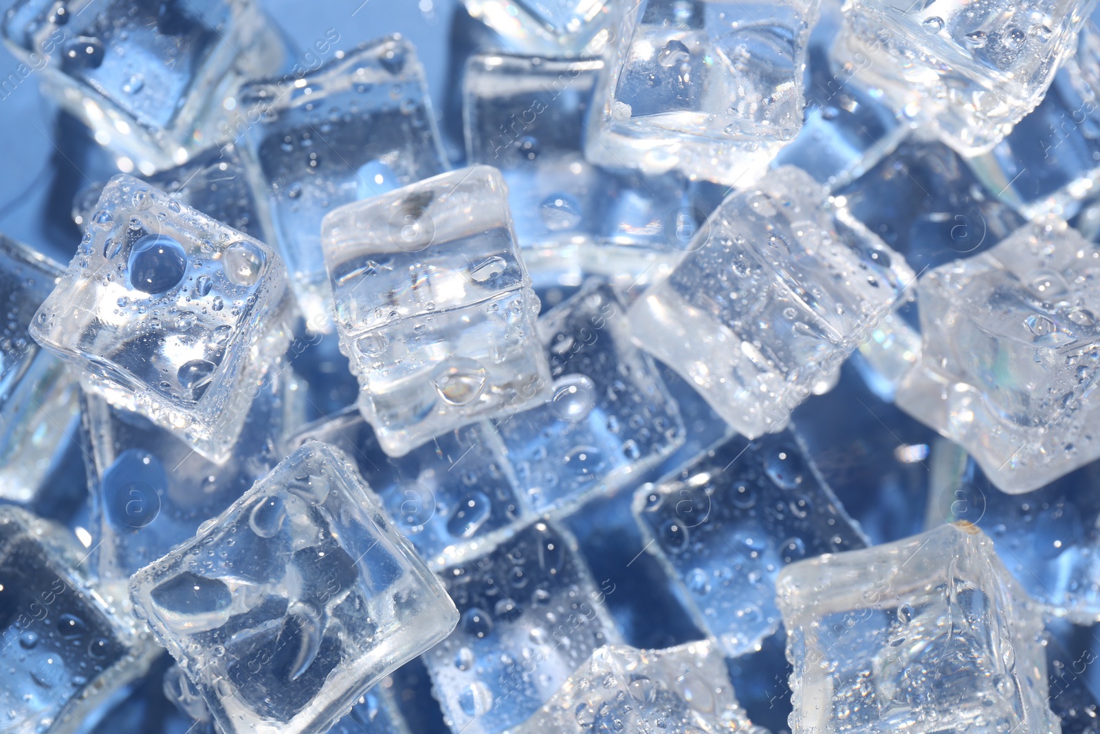 Photo of Melting ice cubes and water drops on blue background, above view