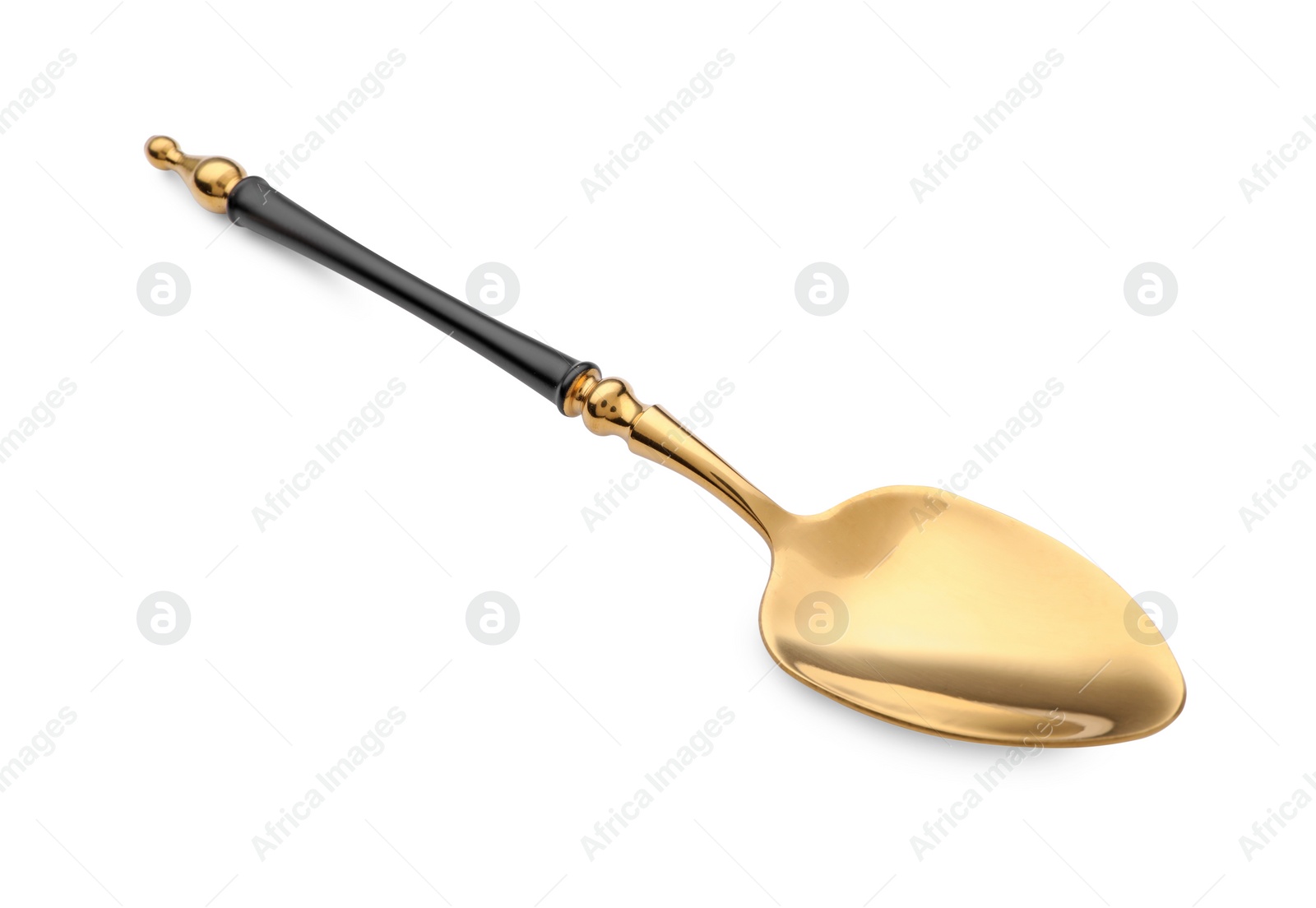 Photo of Elegant shiny golden spoon isolated on white