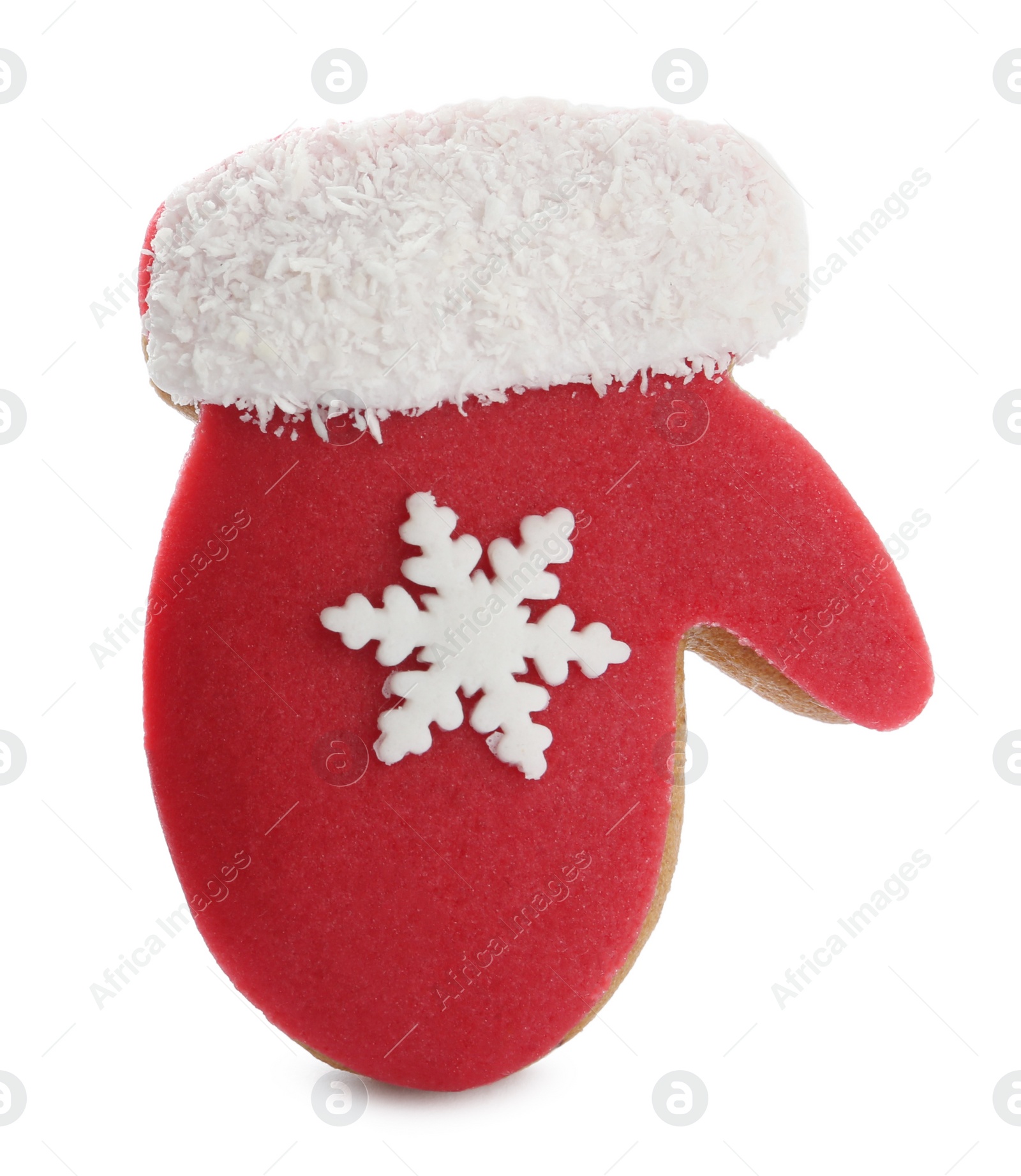 Photo of Tasty mitten shaped Christmas cookie isolated on white