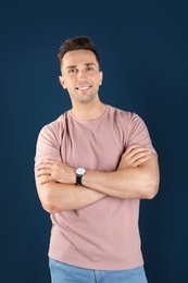 Photo of Portrait of handsome man on color background