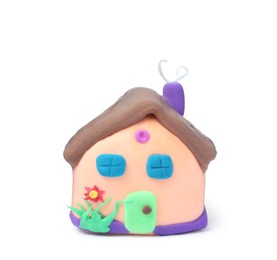 Photo of Small house made from play dough on white background