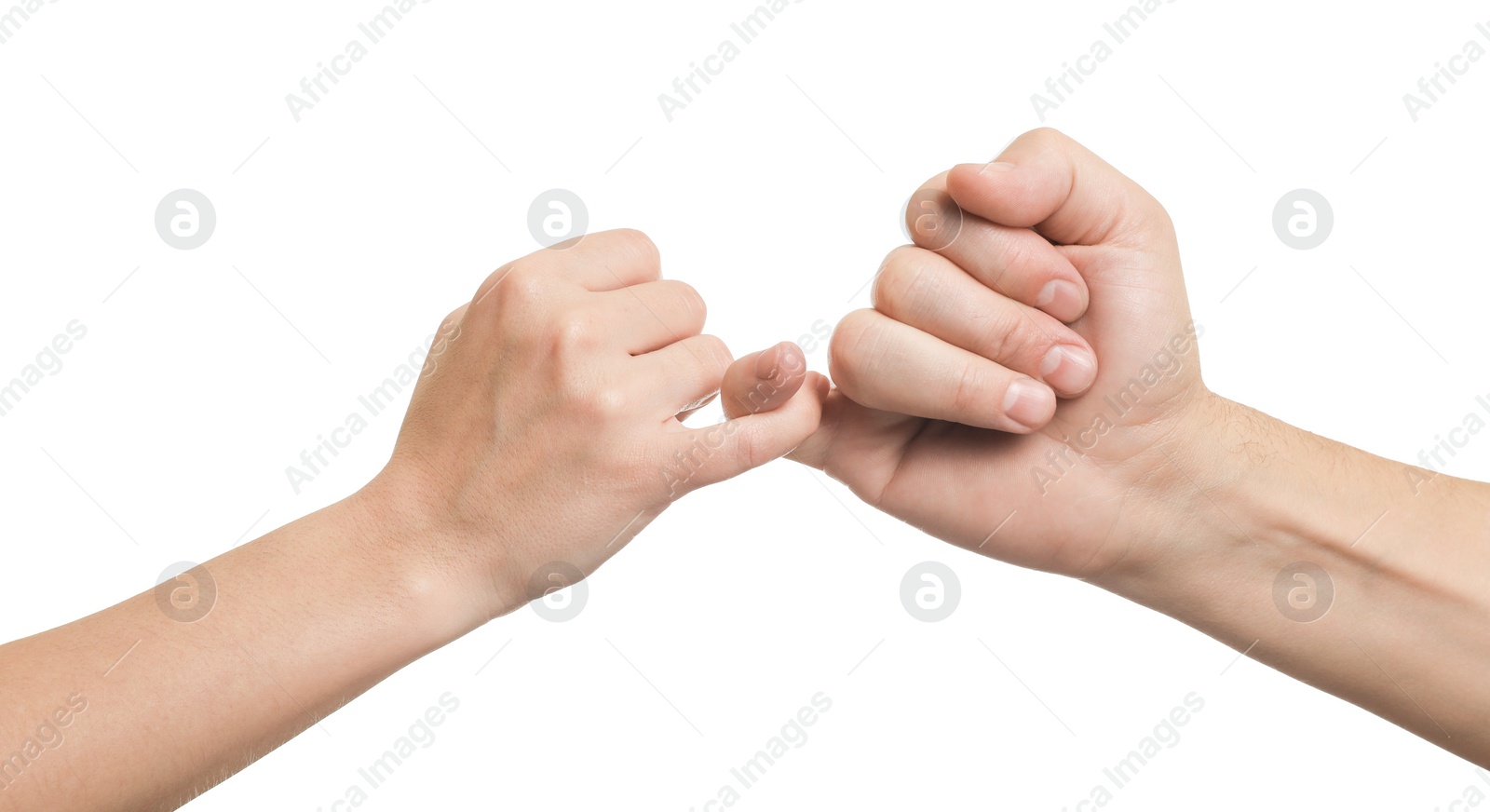 Photo of Man and woman holding little fingers together on white background, closeup