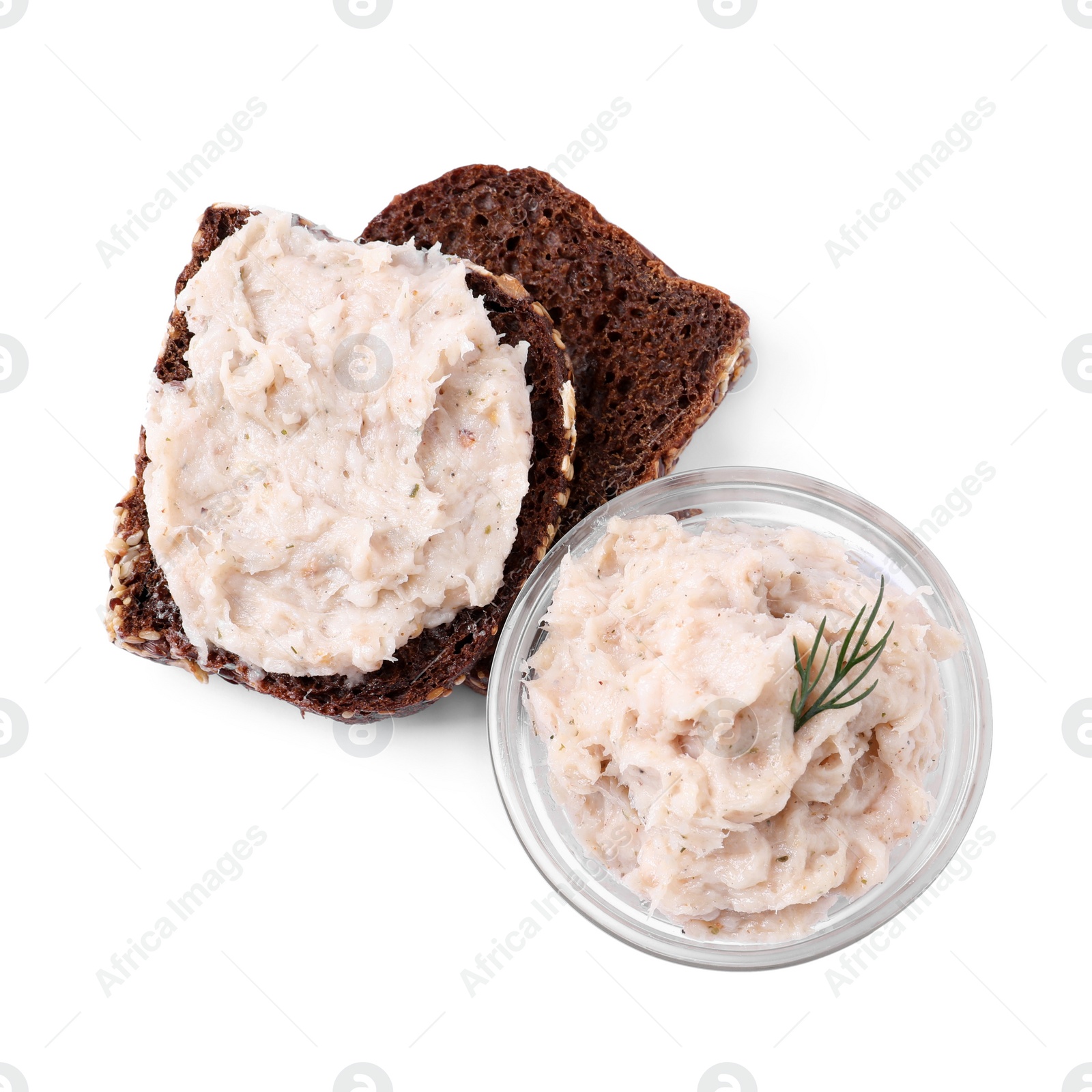 Photo of Delicious lard spread and sandwich on white background, top view