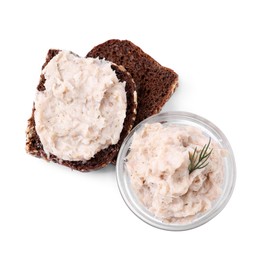 Delicious lard spread and sandwich on white background, top view