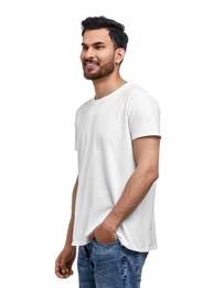 Photo of Smiling man in t-shirt on white background