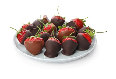 Photo of Plate with chocolate covered strawberries on white background