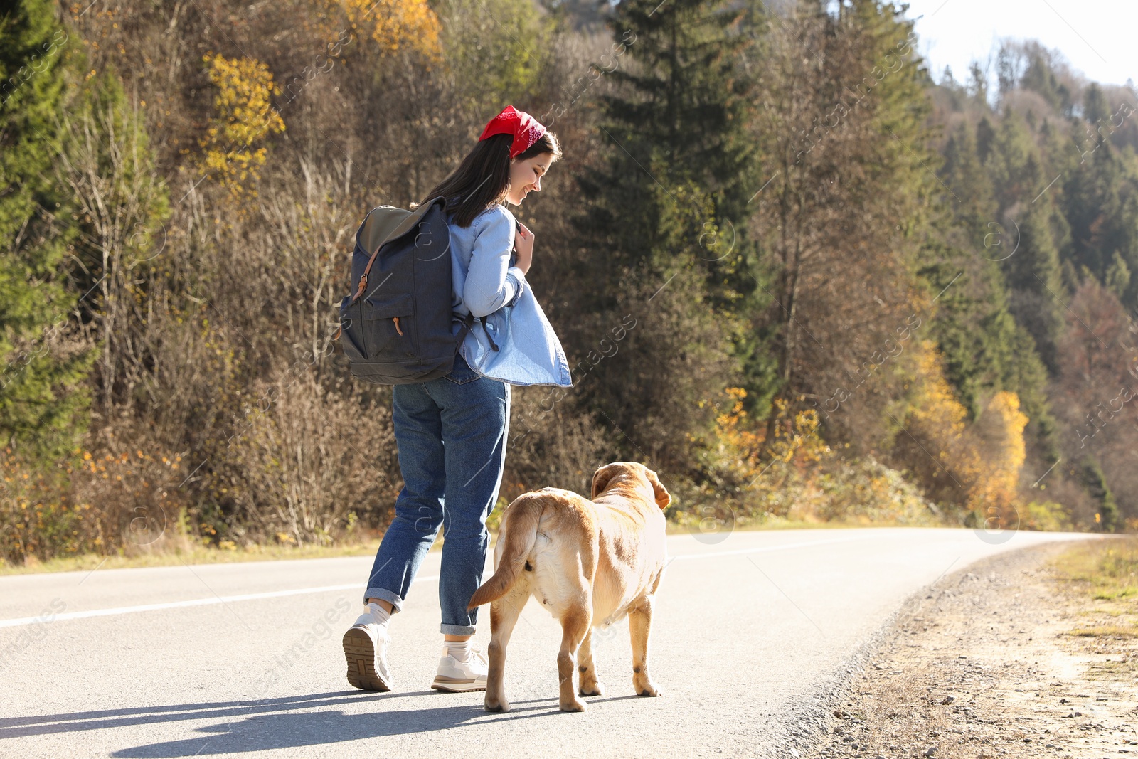 Photo of Happy woman and adorable dog walking along road. Traveling with pet