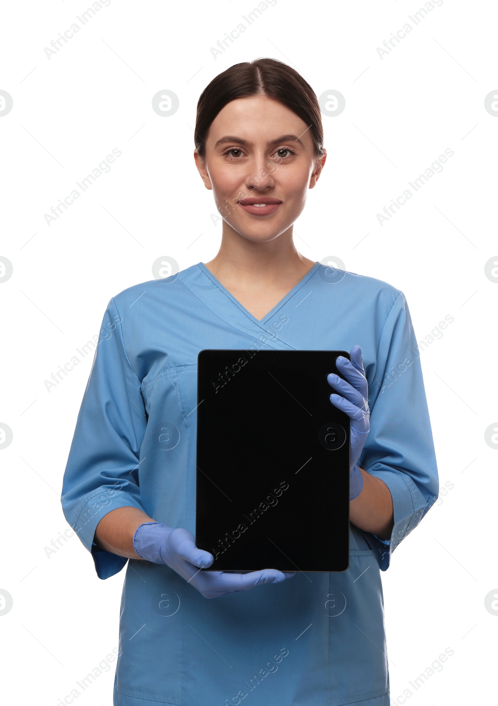 Photo of Doctor holding blank tablet on white background, space for design