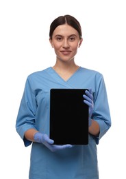 Photo of Doctor holding blank tablet on white background, space for design