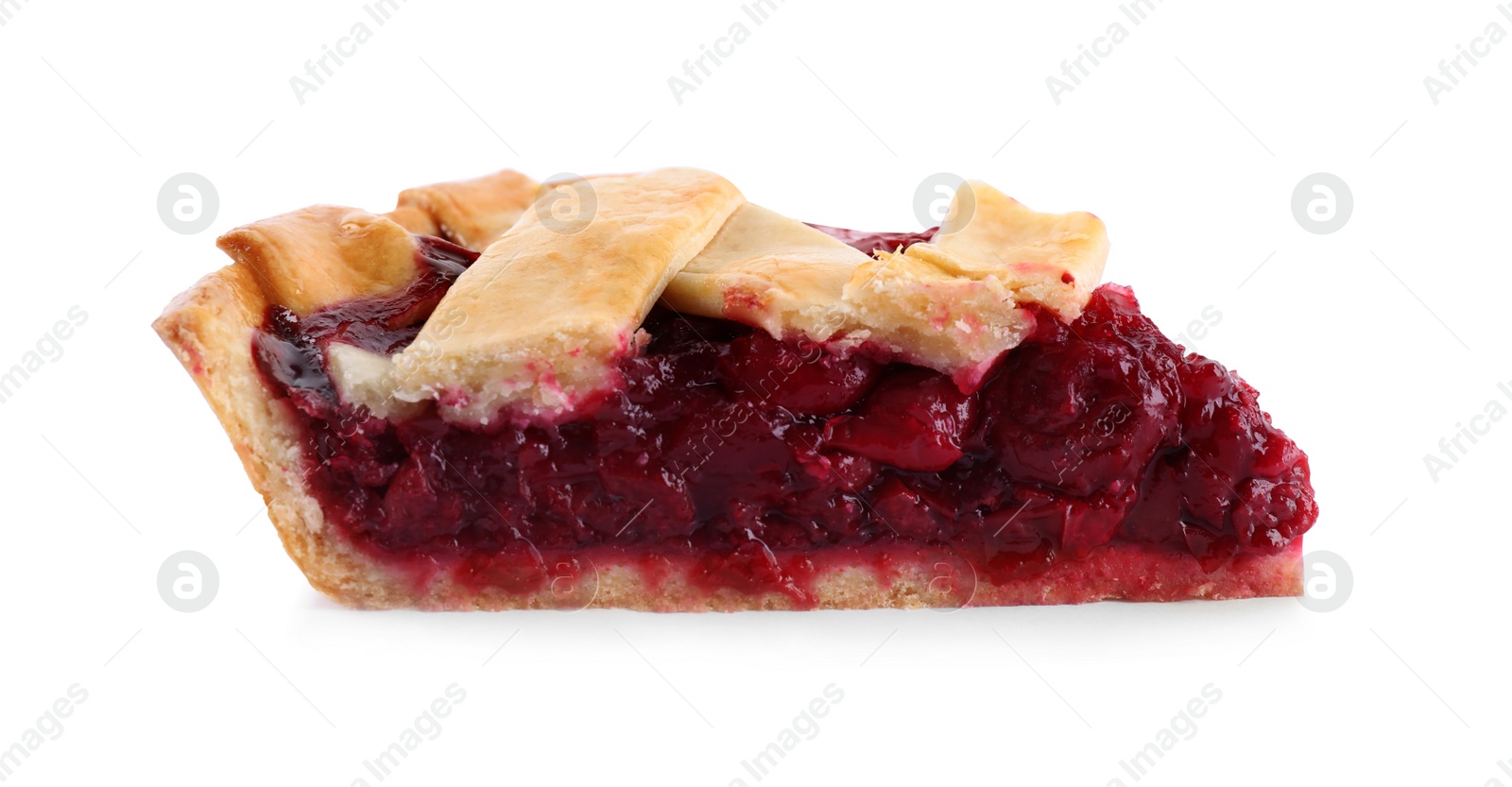 Photo of Slice of delicious fresh cherry pie isolated on white