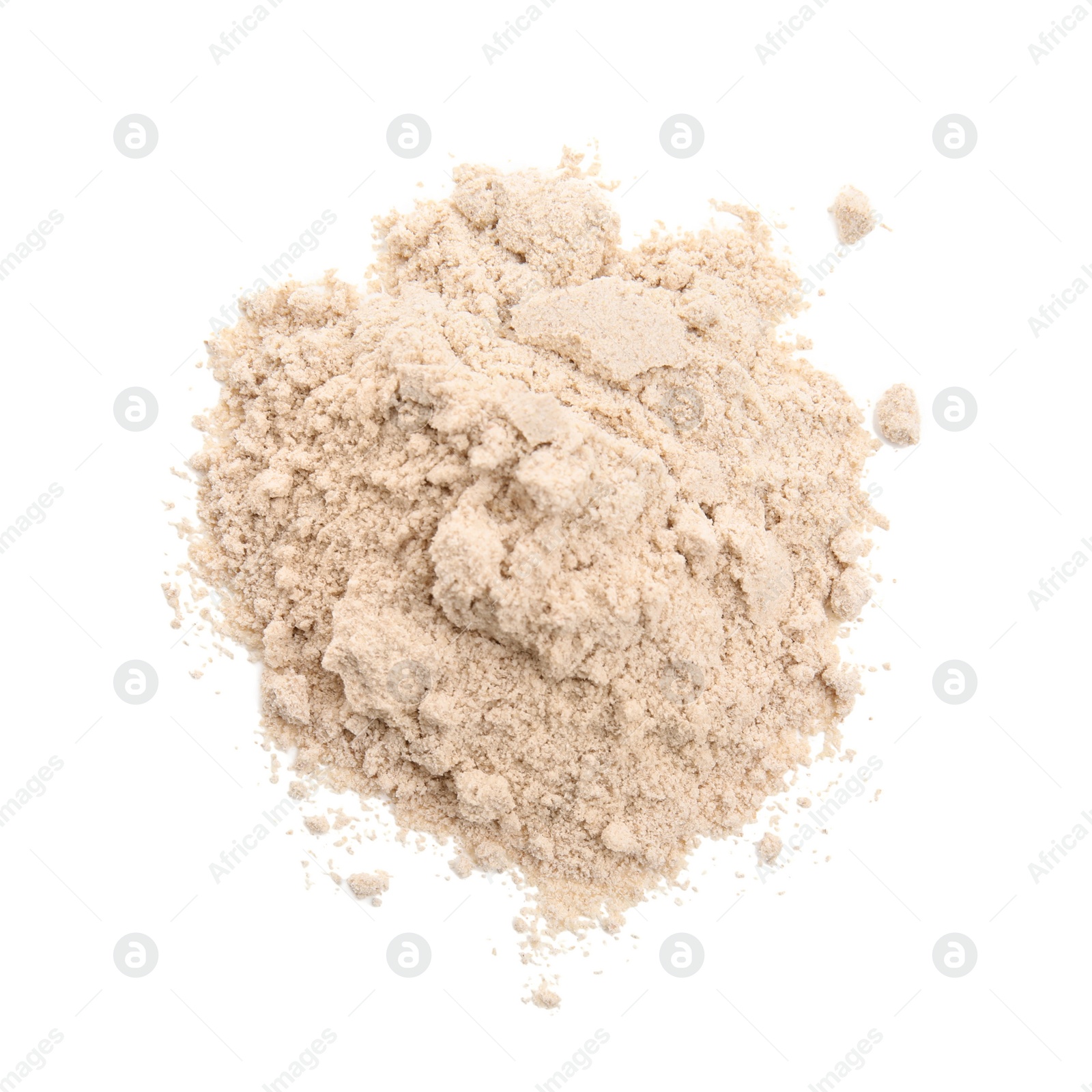 Photo of Pile of buckwheat flour isolated on white, top view