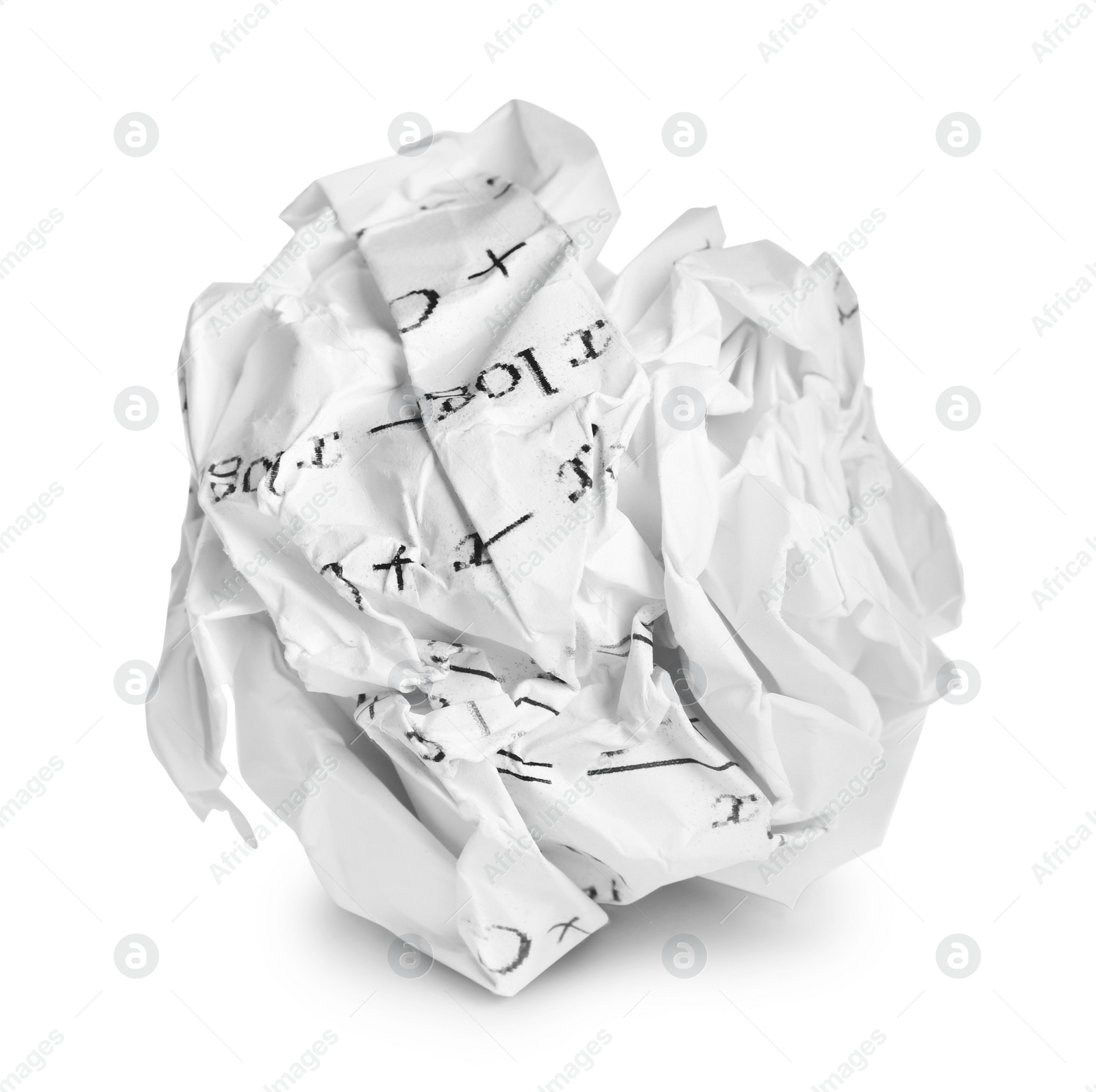 Photo of Crumpled sheet of paper with math equations isolated on white