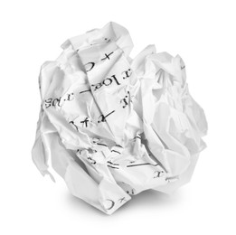 Crumpled sheet of paper with math equations isolated on white