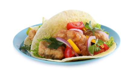 Yummy fish tacos with onion isolated on white