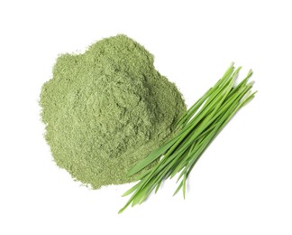 Pile of wheat grass powder and fresh sprouts isolated on white, top view