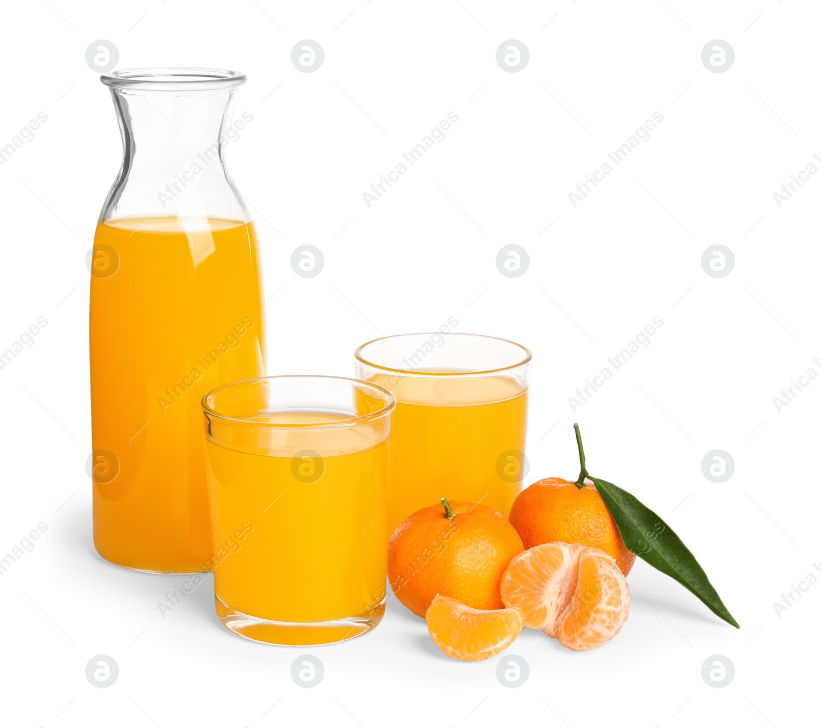 Photo of Bottle and glasses of tangerine juice with fruits isolated on white