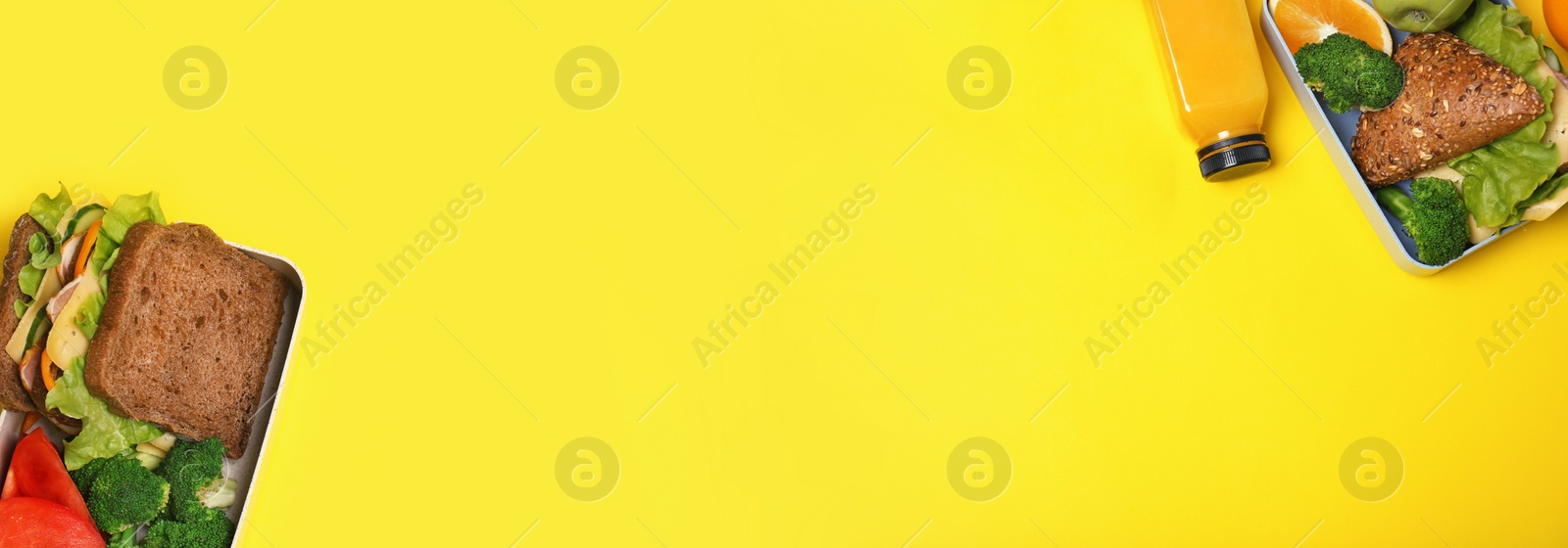 Image of Flat lay composition with tasty food for school on yellow background, space for text. Banner design