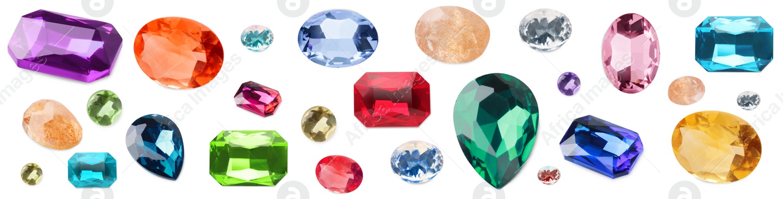 Image of Set of beautiful gemstones on white background