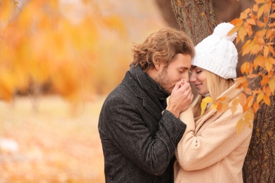 Photo of Young romantic couple in park on autumn day