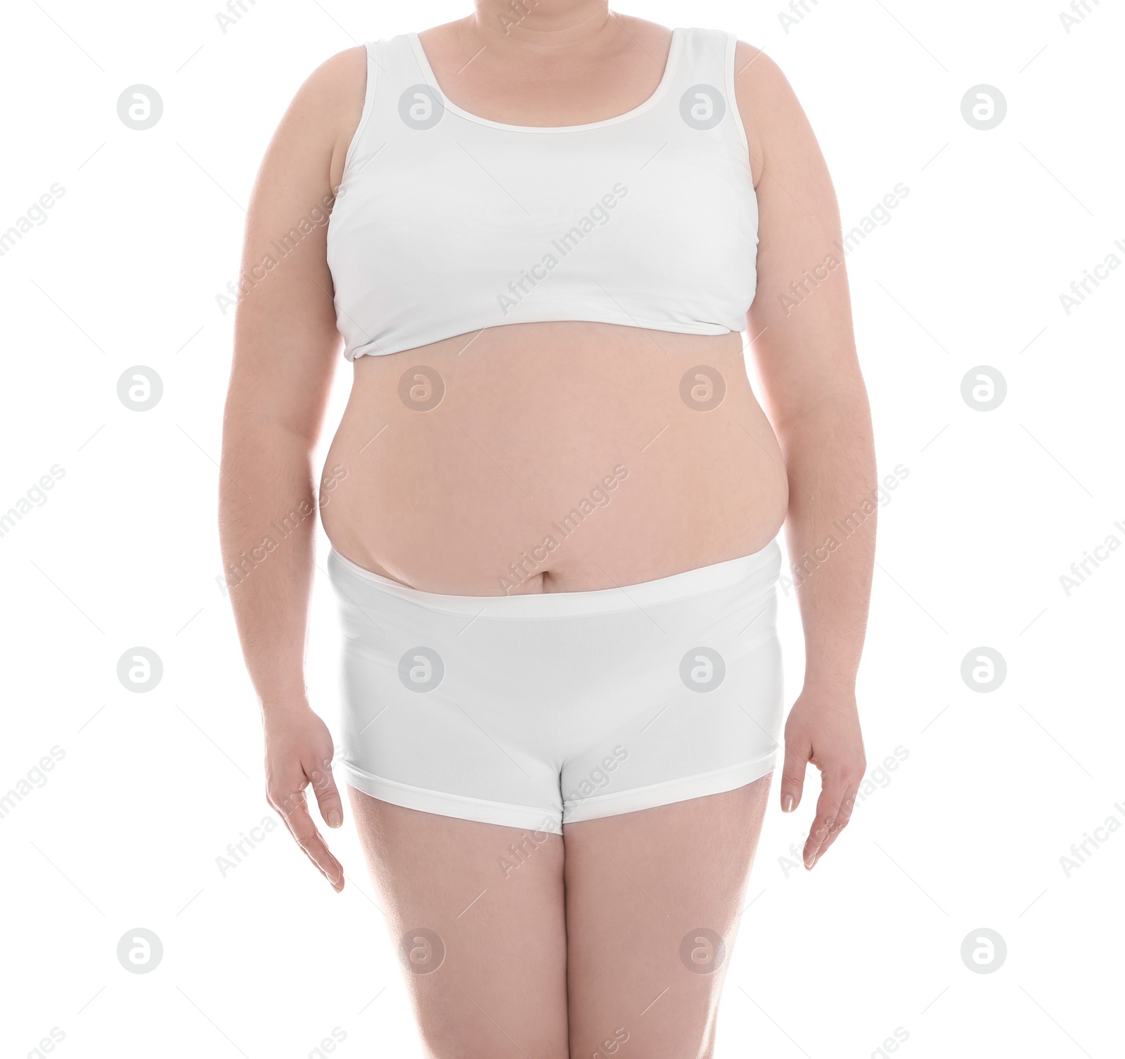 Photo of Overweight woman on white background, closeup. Weight loss