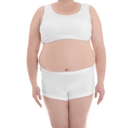 Photo of Overweight woman on white background, closeup. Weight loss