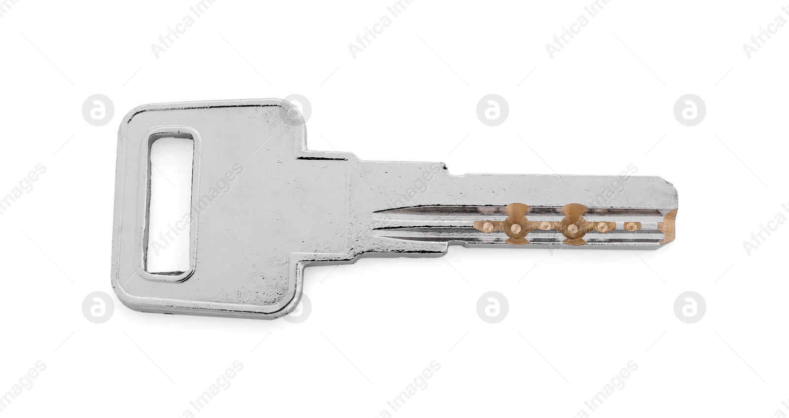 Photo of One metal key isolated on white, top view