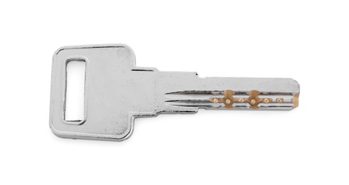 One metal key isolated on white, top view