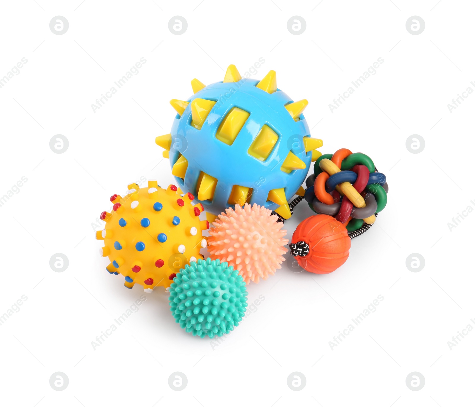 Photo of Different bright pet toys on white background. Shop assortment