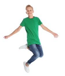 Photo of Full length portrait of teenage boy on white background