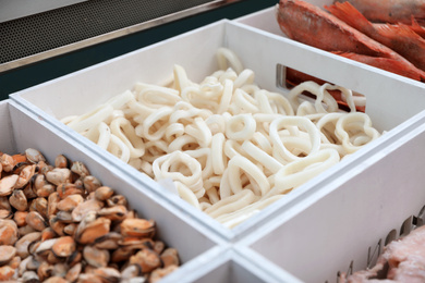 Photo of Containers with different seafood in fish store, closeup