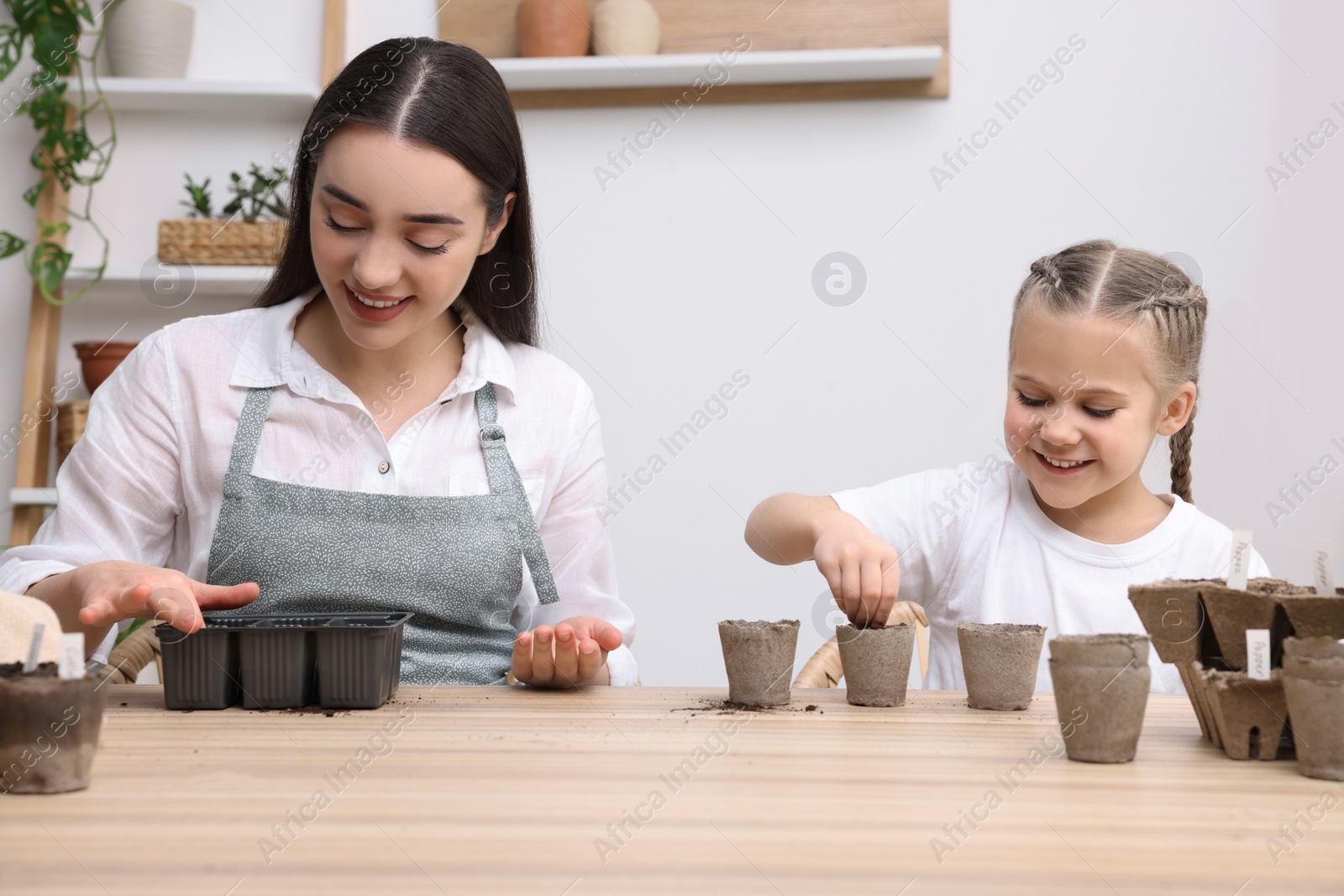 Photo of Mother and her daughter planting vegetable seeds into peat pots with soil at wooden table indoors