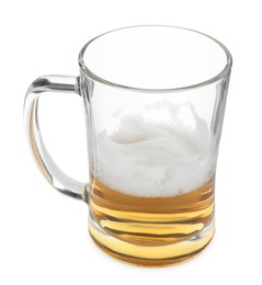 Photo of Half empty mug of beer isolated on white