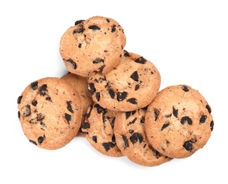 Photo of Delicious chocolate chip cookies on white background, top view