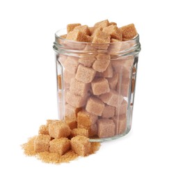 Photo of Glass jar and brown sugar cubes isolated on white