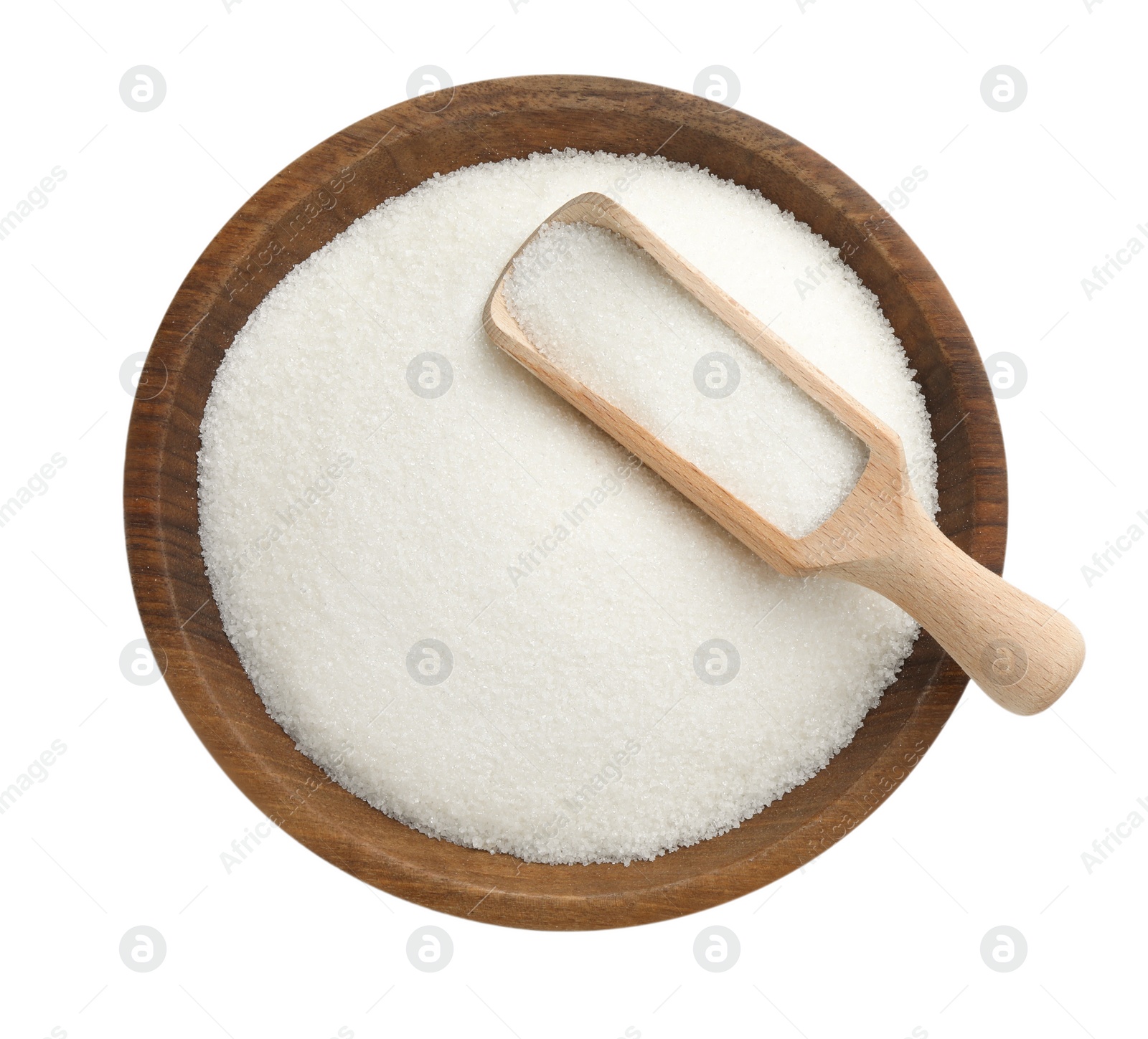 Photo of Granulated sugar in bowl and scoop isolated on white, top view