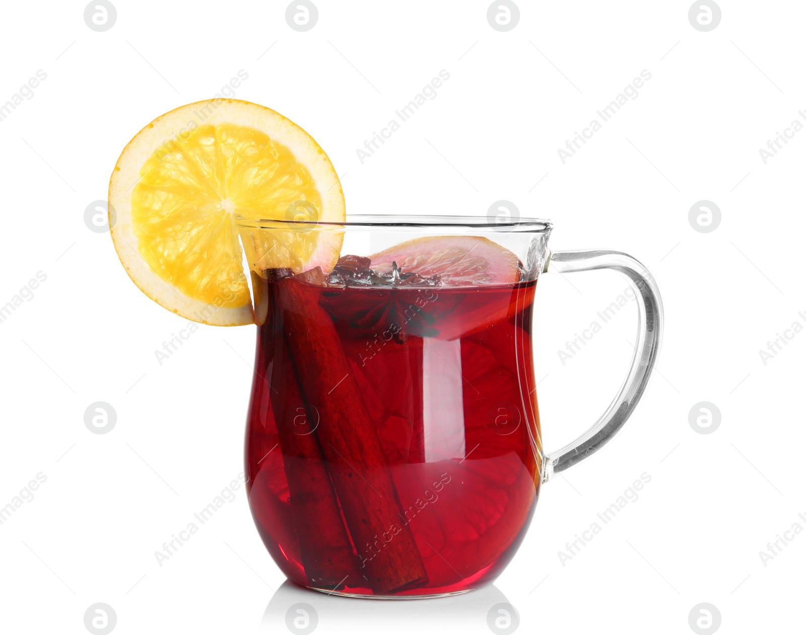 Photo of Cup with red mulled wine on white background