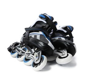 Photo of Pair of inline roller skates on white background