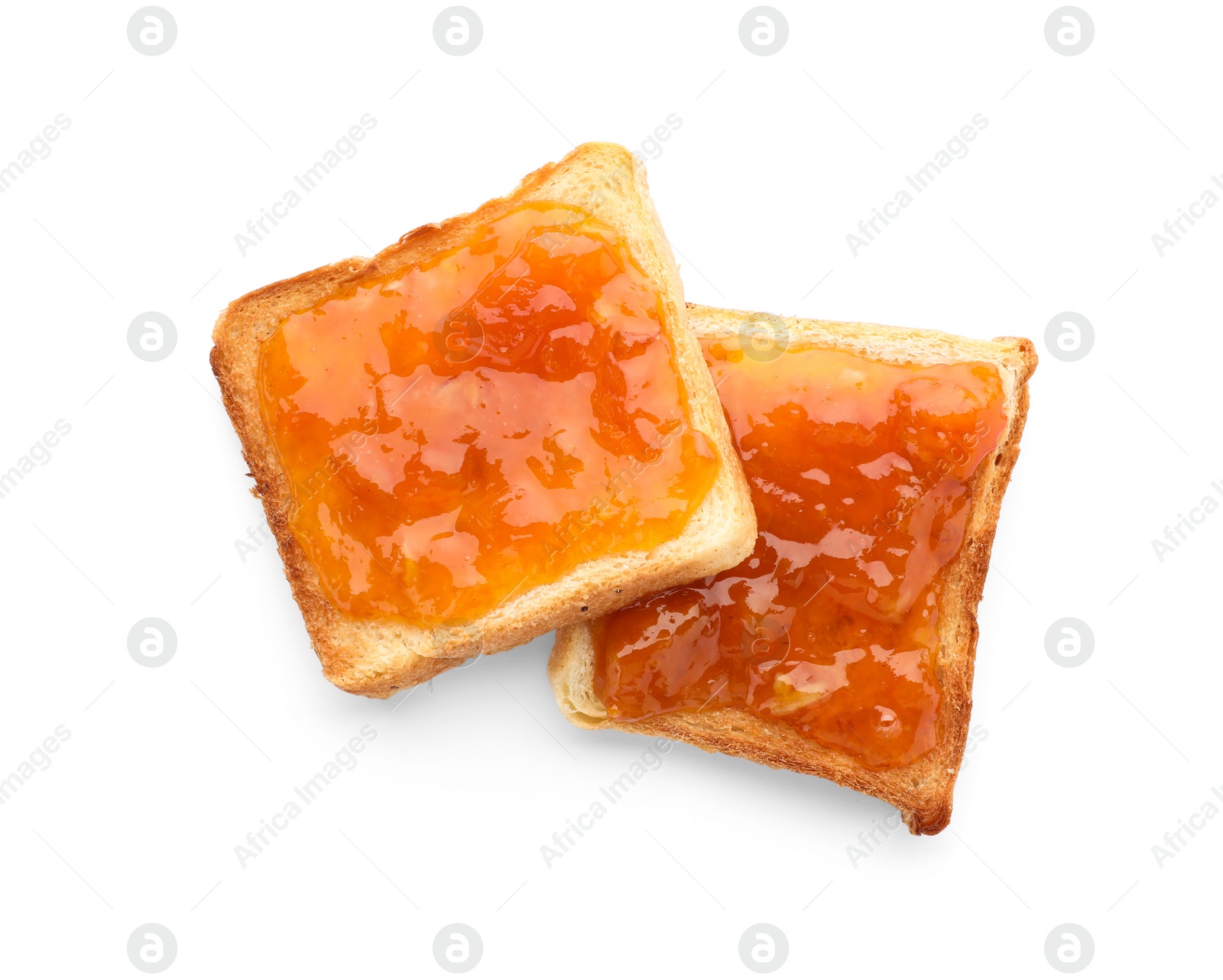 Photo of Bread with tasty apricot jam on white background, top view