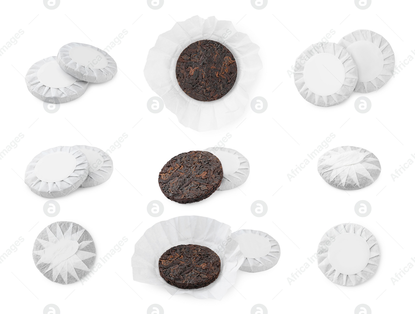 Image of Set with cake shaped traditional Chinese pu-erh tea isolated on white