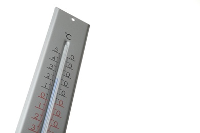 Photo of Modern grey weather thermometer on white background