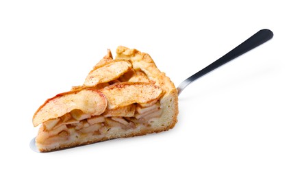 Spatula with slice of delicious apple pie on white background