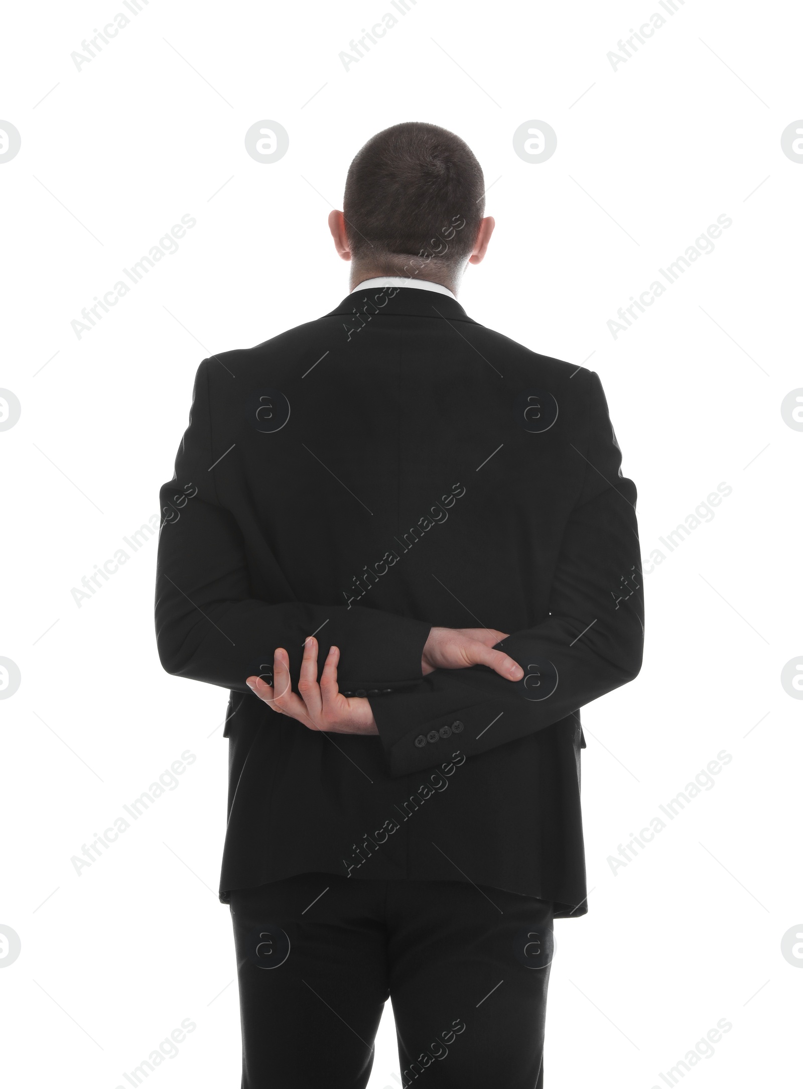 Photo of Businessman in suit on white background, back view